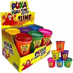 Kit 12 unidades de Slime Puxa Puxa Glitter Divertido, Amoeba - Estique, Modele e Solte a Imaginação com Slime Colorido e Brilho Incrível, Não gruda, Criança, Festa, Infantil