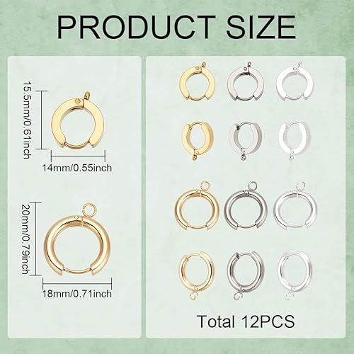 Miniatura 2 de 12 aretes de aro de acero inoxidable de 3 colores con bucle de 100.512 in, aretes redondos con bisagras de plataacero inoxidablechapado en oro real