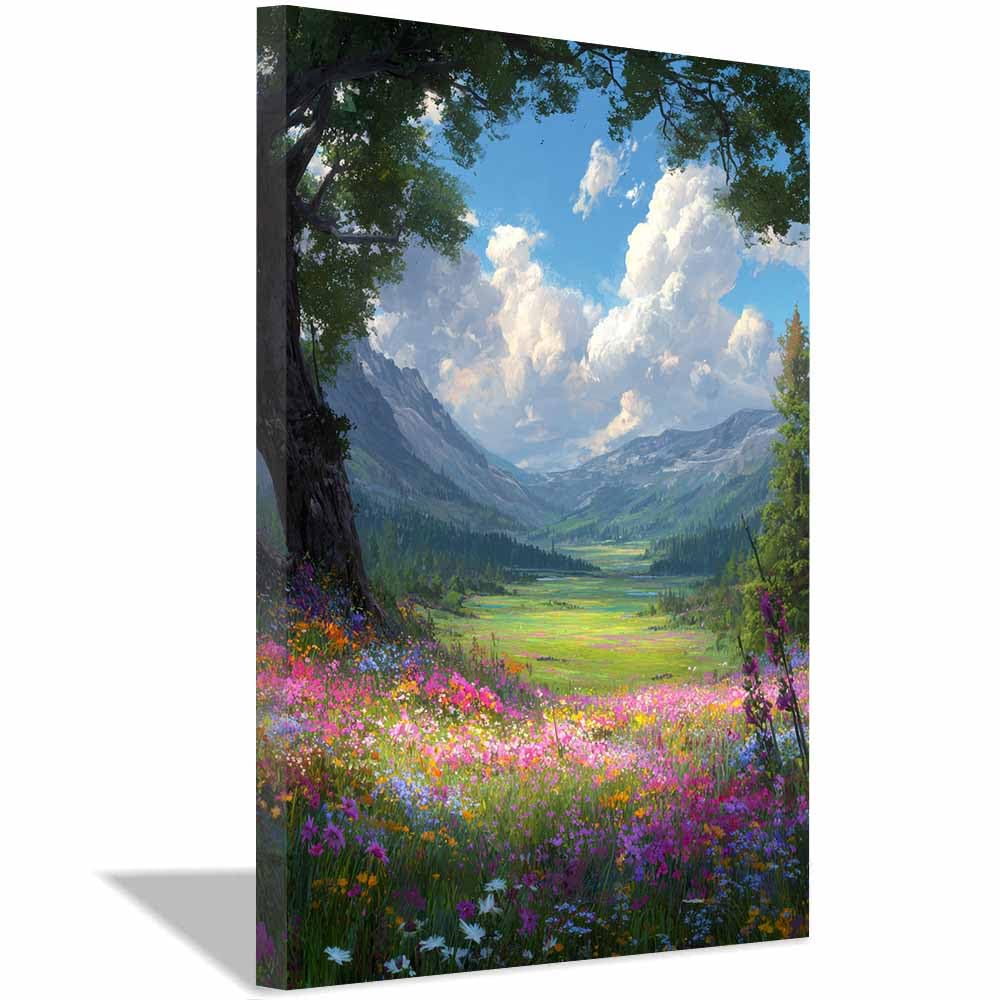 HOQIU Natural scenery wall art Mountainse Wildflower Meadow decorative painting, wall art, for Living Room Bathroom Bedroom Kitchen Decoration.(Multicolor)-80x120cm Framed