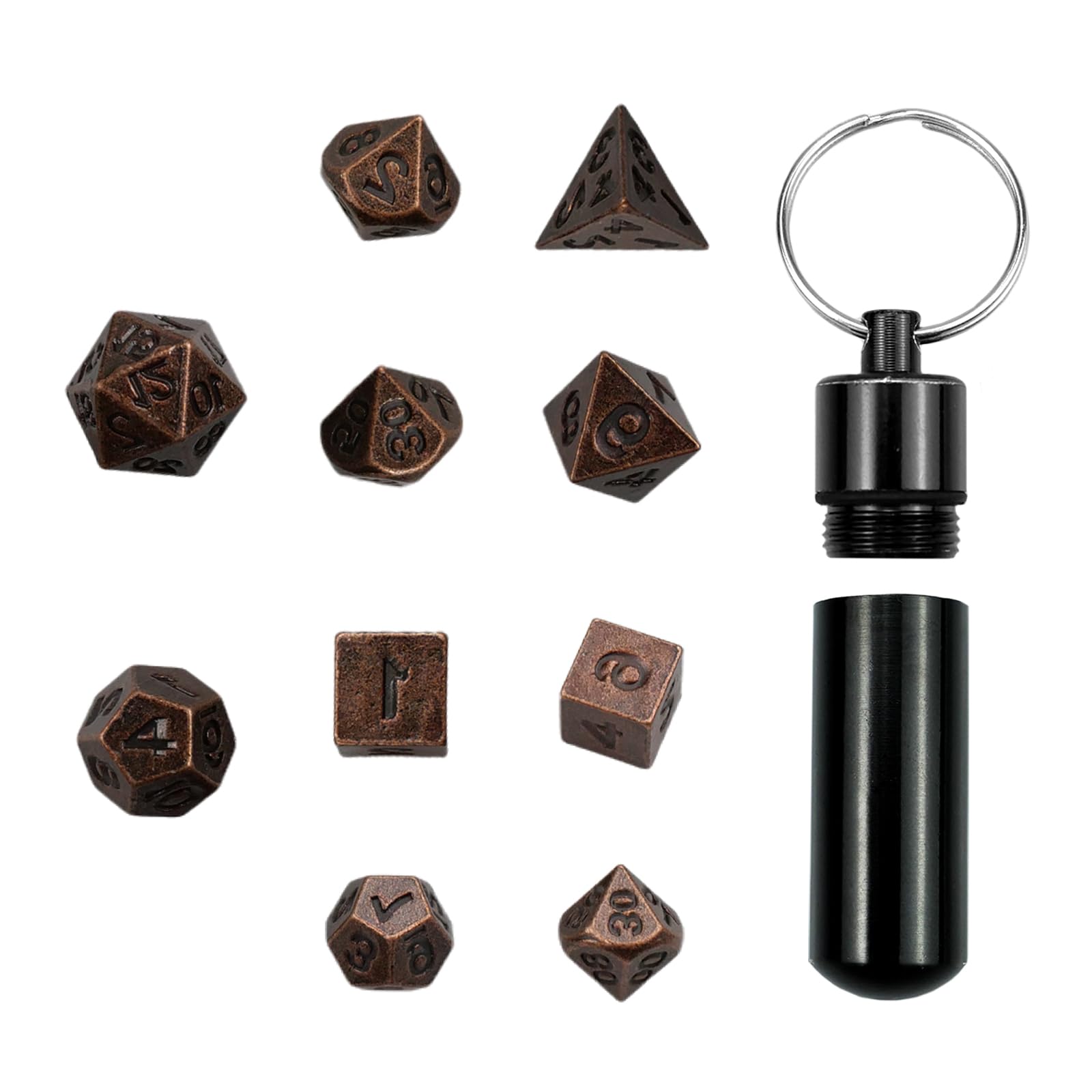 MytaYt 7 Piezas Mini Dados de rol, Juego de Dados DND, Dados Poliedricos Mini Dados Set con Estuche de Dados y Llavero para MTG RPG D&D D4 D6, D8, D%, D10, D12, D20-Color Cobre Antiguo