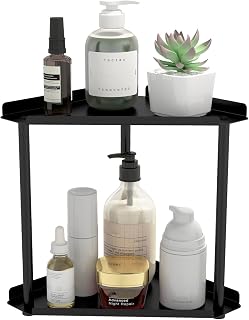 Jesginboo 2-Tier Black Corner Bathroom Counter Organizer - Vanity Shelf for Skincare Makeup Kitchen Storage