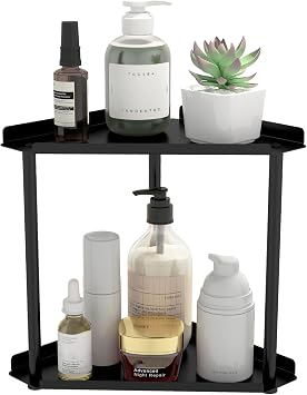Jesginboo 2 Tier Bathroom Counter Organizer, Vanity Organizer Corner Shelf | Skincare, Makeup Countertop Organizers, Kitchen, Bathroom Counter Storage, Black