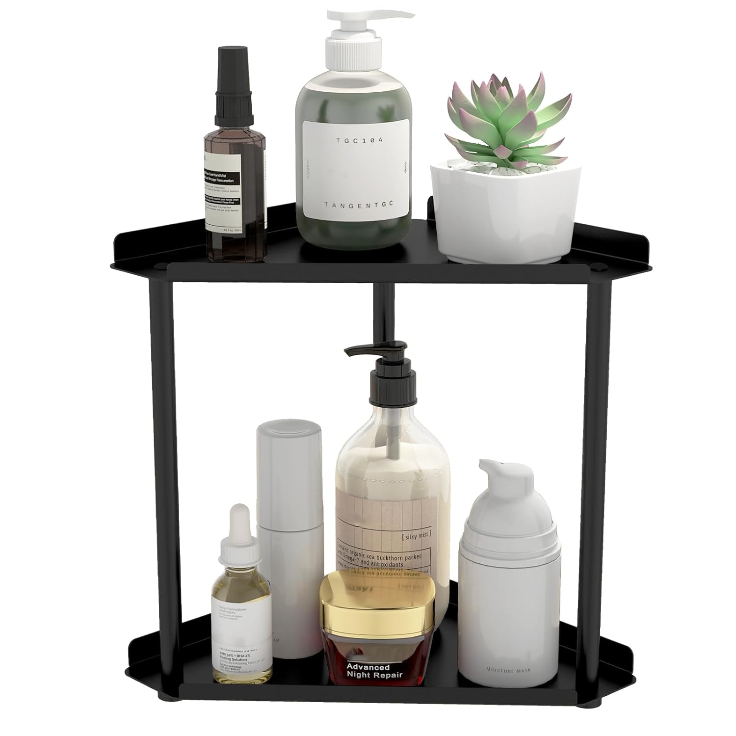 2 Tier Bathroom Counter Organizer Vanity Organizer Corner Shelf Skincare Makeup Countertop Organizers Kitchen Bathroom Counter Storage Black