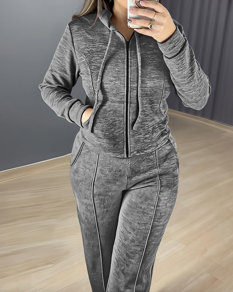 CHICME Womens 2 Piece Outfits Sweatsuit Zip Up Hoodie and Wide Leg Sweatpants Tracksuit Travel Workout Lounge Sets - Image 5
