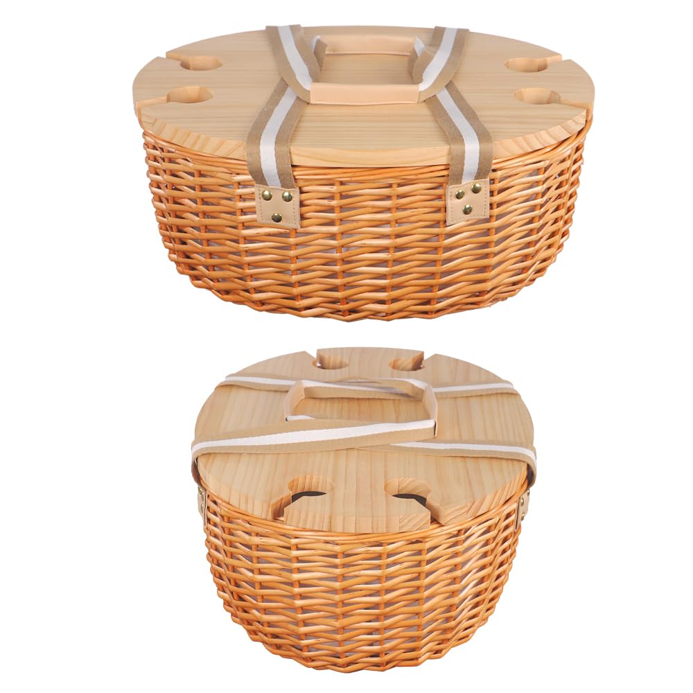YATAI Wicker Picnic Basket,Traditional Wicker Basket with Foldable Glass Holding Table, Insulated Food Storage Willow Basket, Rattan Fruit Basket with Handle, Picnic Essential for Travelling, Camping