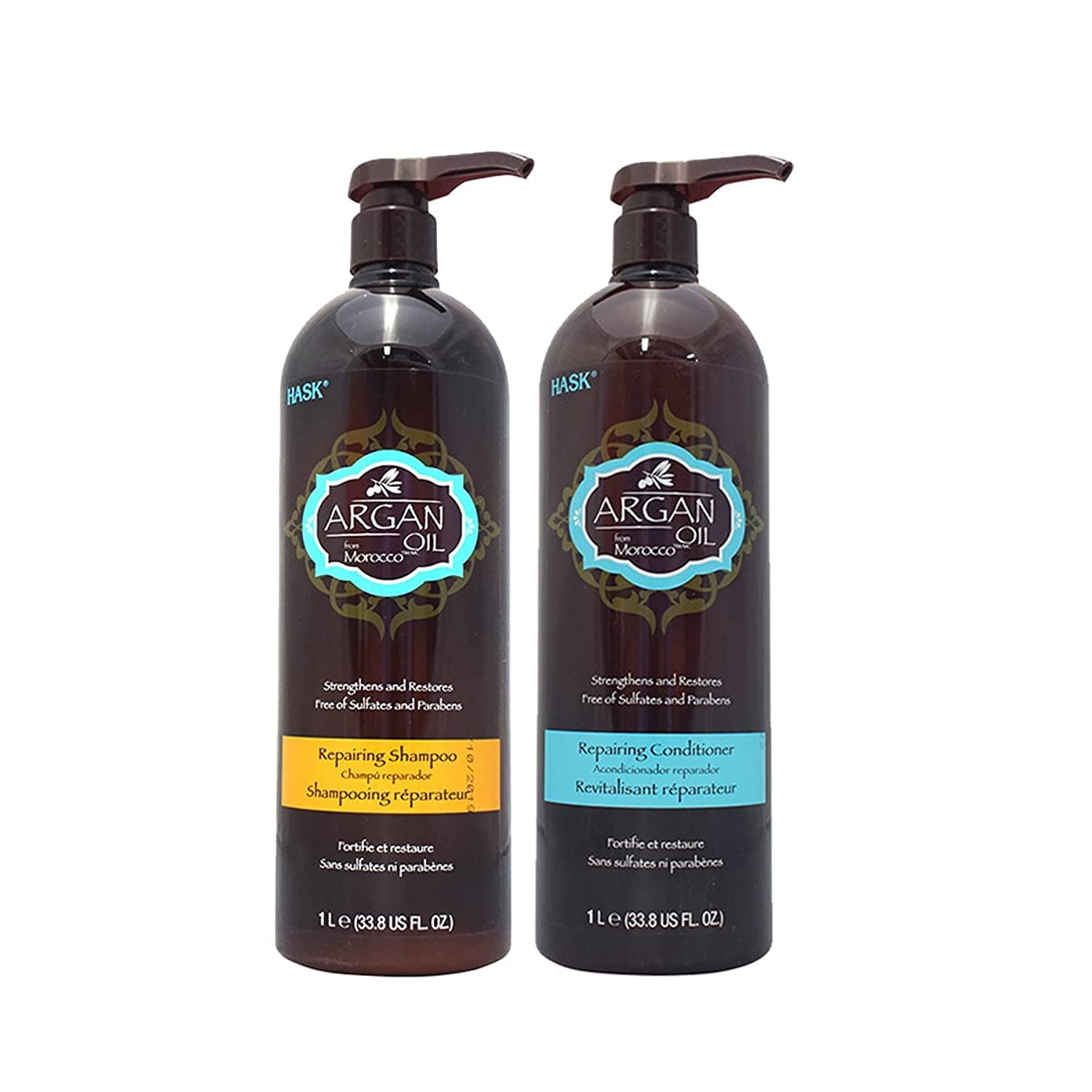 Hask Argan Oil From Morocco Shampoo & Conditioner 2 Piece Set, 1L - Strengthens & Restores - Free From Sulfates & Parabens - All Hair Type - Gift Sets