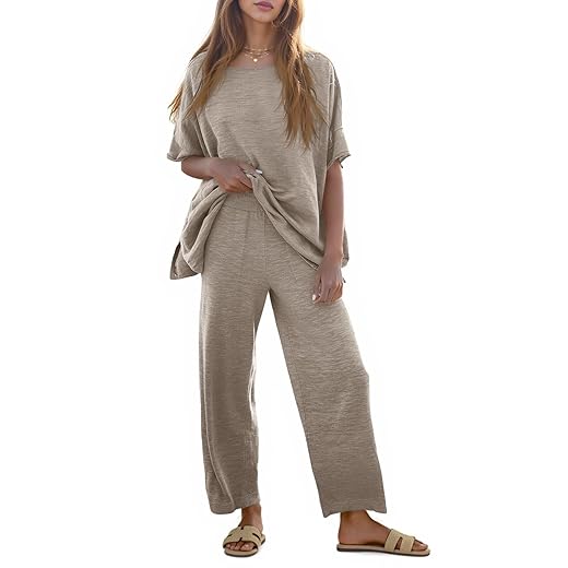 Tankaneo Women's 2 Piece Travel Outfits Casual Short Sleeve Knit Sweater Set Wide Leg Pants Lounge Sets Tracksuit