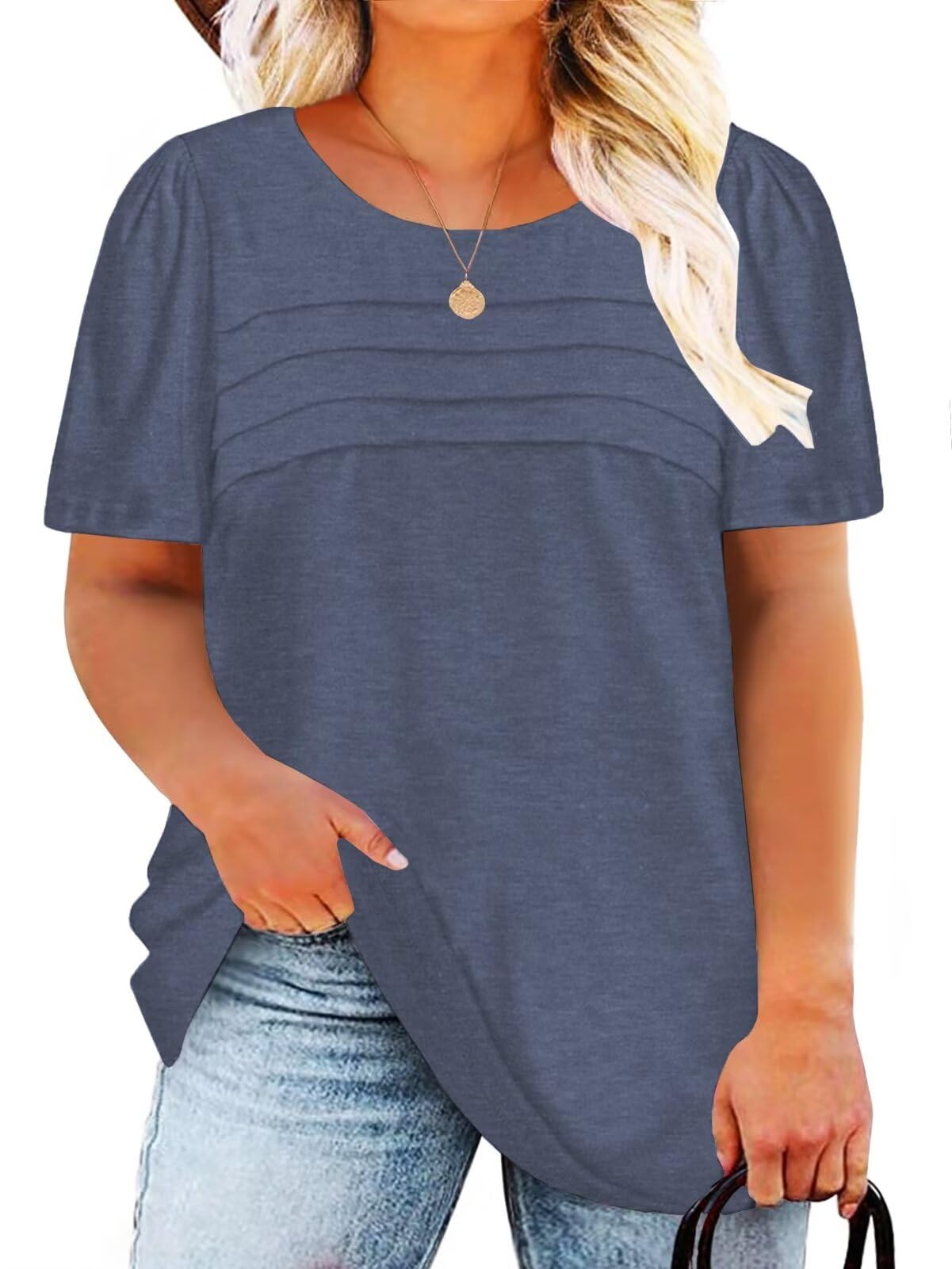 DOLNINE Plus Size Tops for Women Summer Puff Short Sleeve Shirts Casual Pleated Crewneck Tees