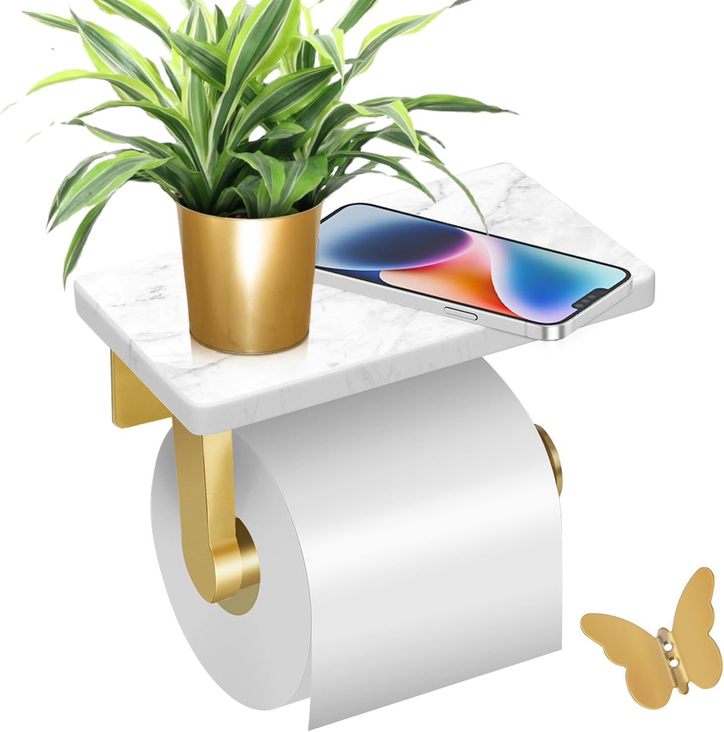 Gold Toilet Paper Holder with Marble Shelf?Wall Mounted Tissue Roll Holder for Bathroom Washroom + 1PCS Towel Robe Hooks