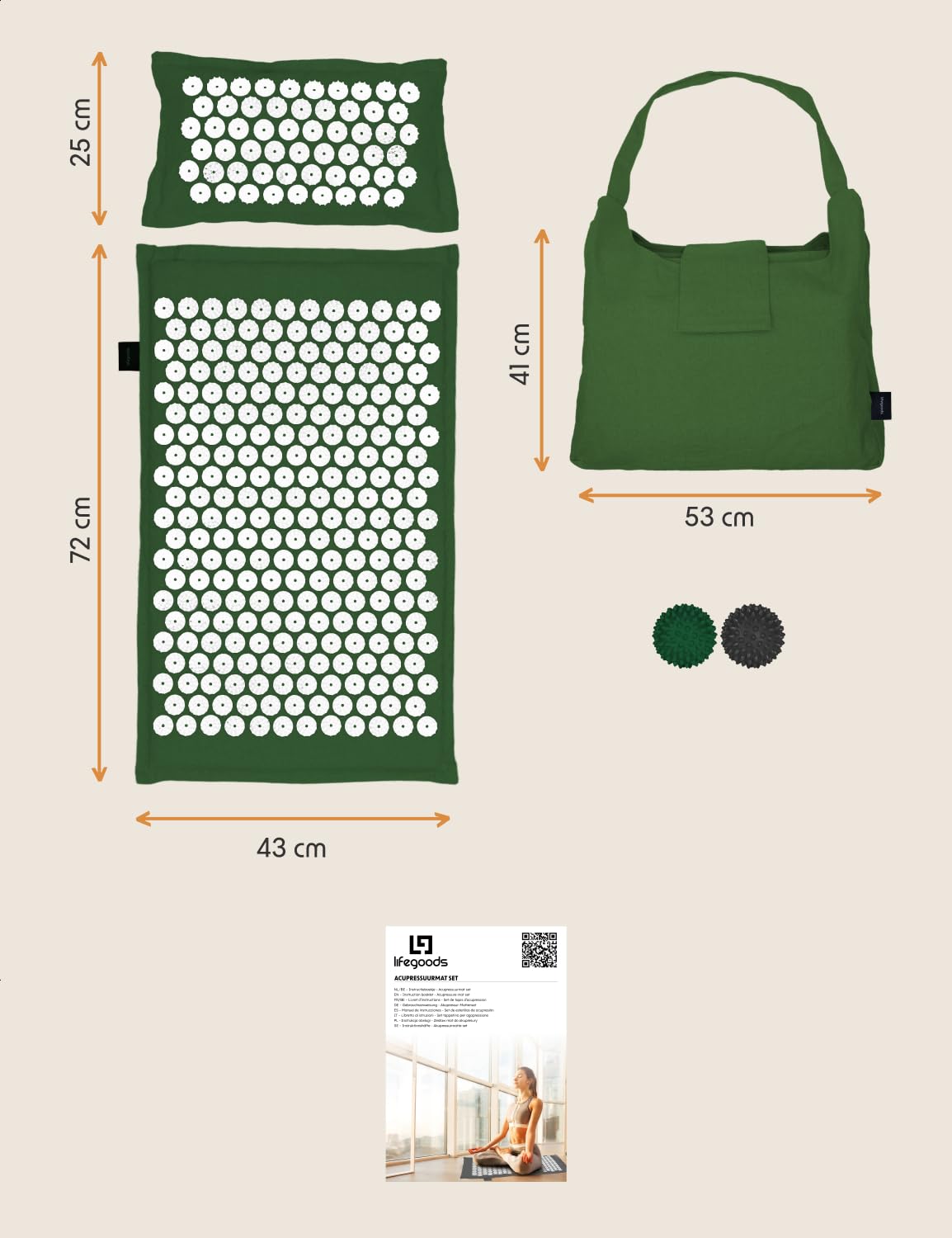 LifeGoods Tapis d'acupression ECO avec coussin - Tapis de presse sans fil - Tapis d'acupression - Tapis d'acupression - Tapis d'acupression - Tapis de massage - Dos - Tapis à picots - Tapis Fakir