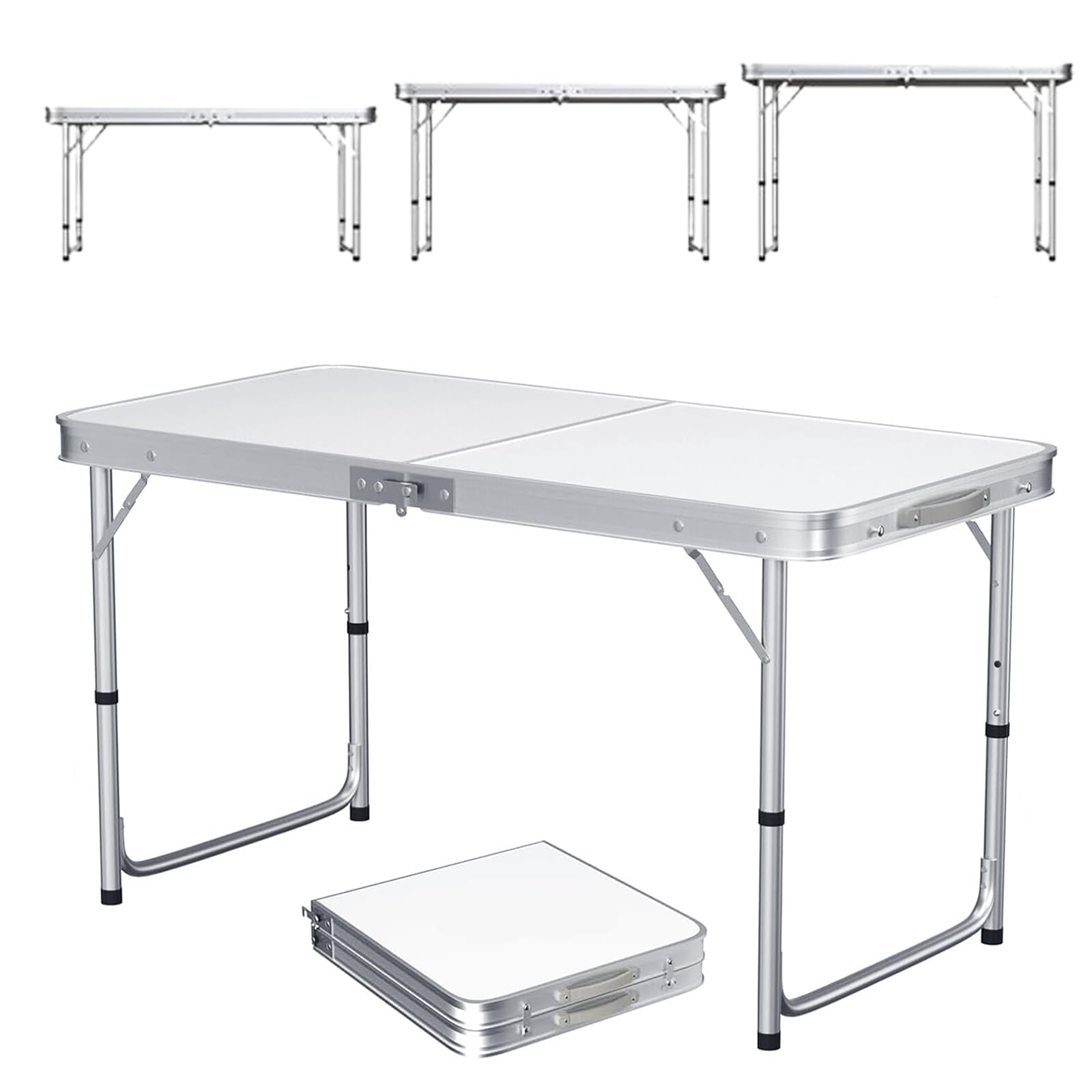 4FT Adjustable Height Folding Table, Portable Folding Camping Table with Carrying Handle, Multipurpose Party Dining Large camping Tables, Foldable Outdoor Tables for Patio Catering Party Market, White