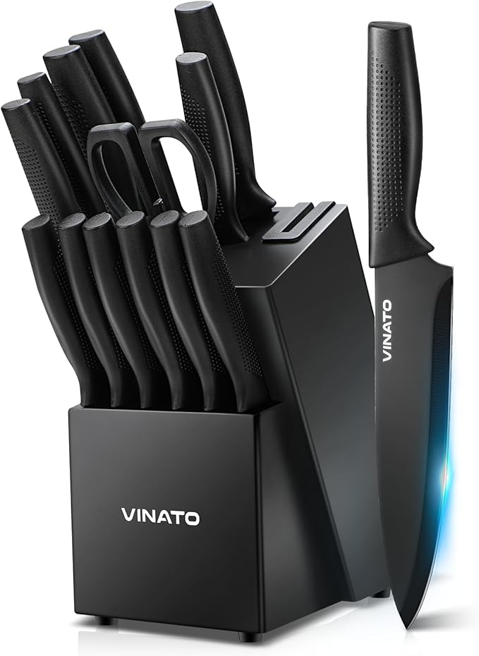 VINATO Cuchillos Cocina, juego de cuchillos de cocina de 14 piezas con afilador, cuchillos profesionales de cocina de chef, juego de cuchillos afilados de acero inoxidable con mango de plástico