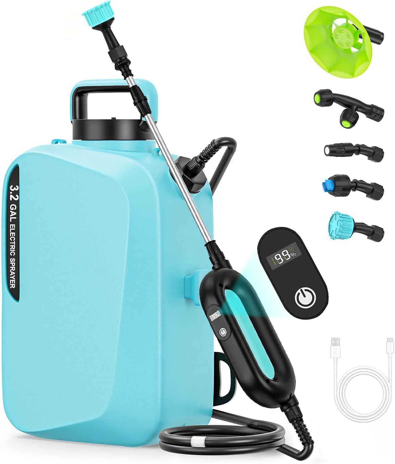 3.2Gal/12L Battery Powered Backpack Sprayer, 7.4V Electric Pump Sprayers with Digital Display, 2 Speeds & 5 Nozzles, USB Rechargeable, Adjustable Strap for Lawn, Garden, Farm, Cleaning (Light Blue)