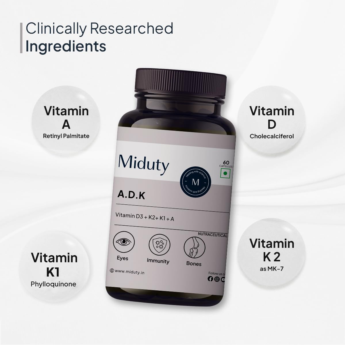 Miduty Vitamin ADK : A D3 K2 Supplements | Boost Immunity, Stronger Bones | Eyes, Immunity, Bones Care - 60 Capsules 1