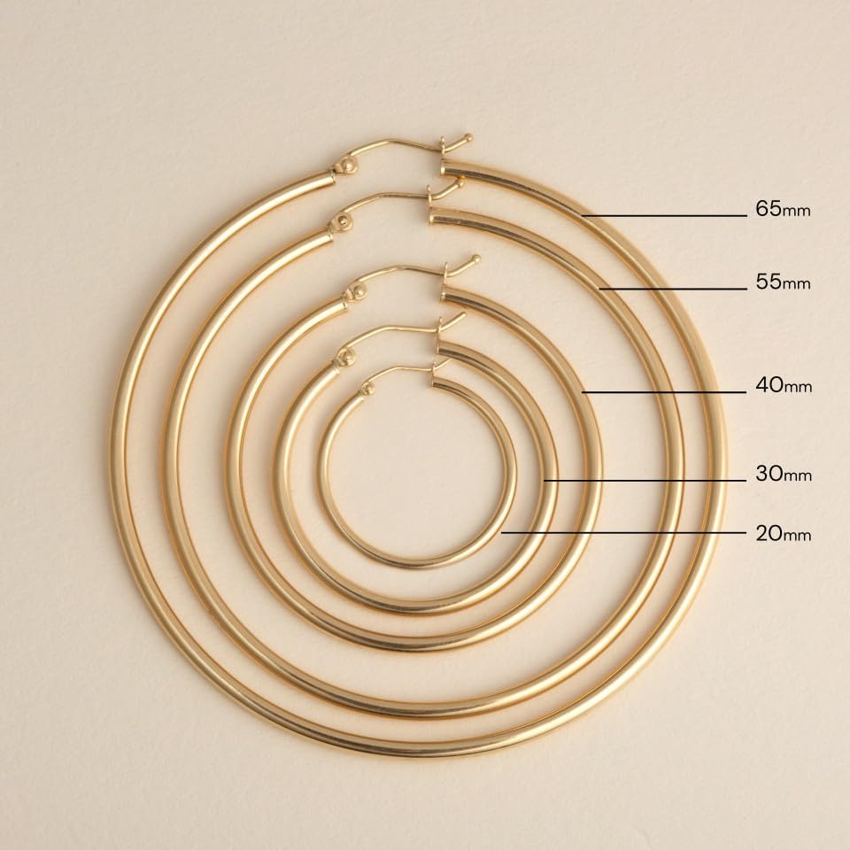 Solid 14K Yellow Gold Latch Back Hoop Earrings for Women 2mm Thick 20-65mm Diameters