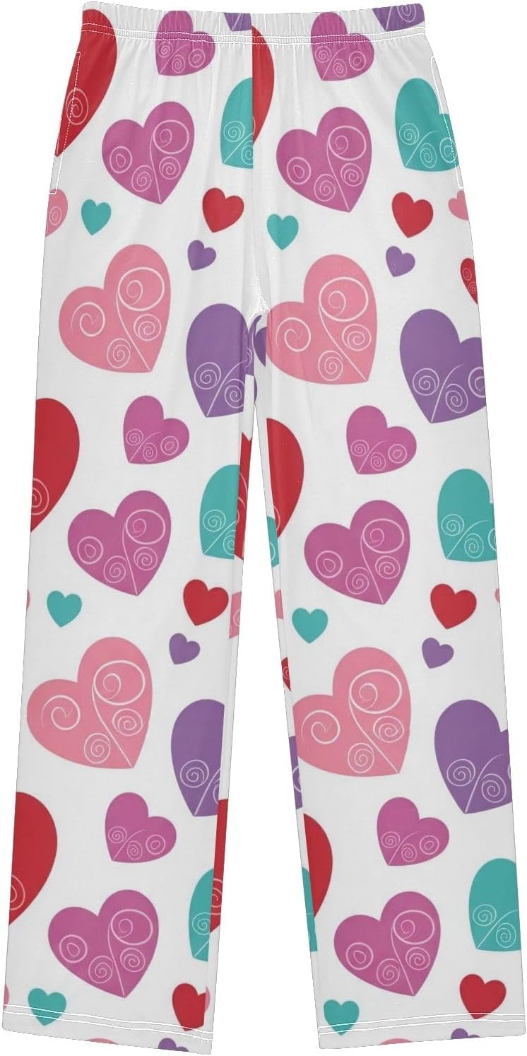Colorful Heart Pajama Pants Cozy Soft Loungewear Sleepwear with Elastic Waist and Pockets
