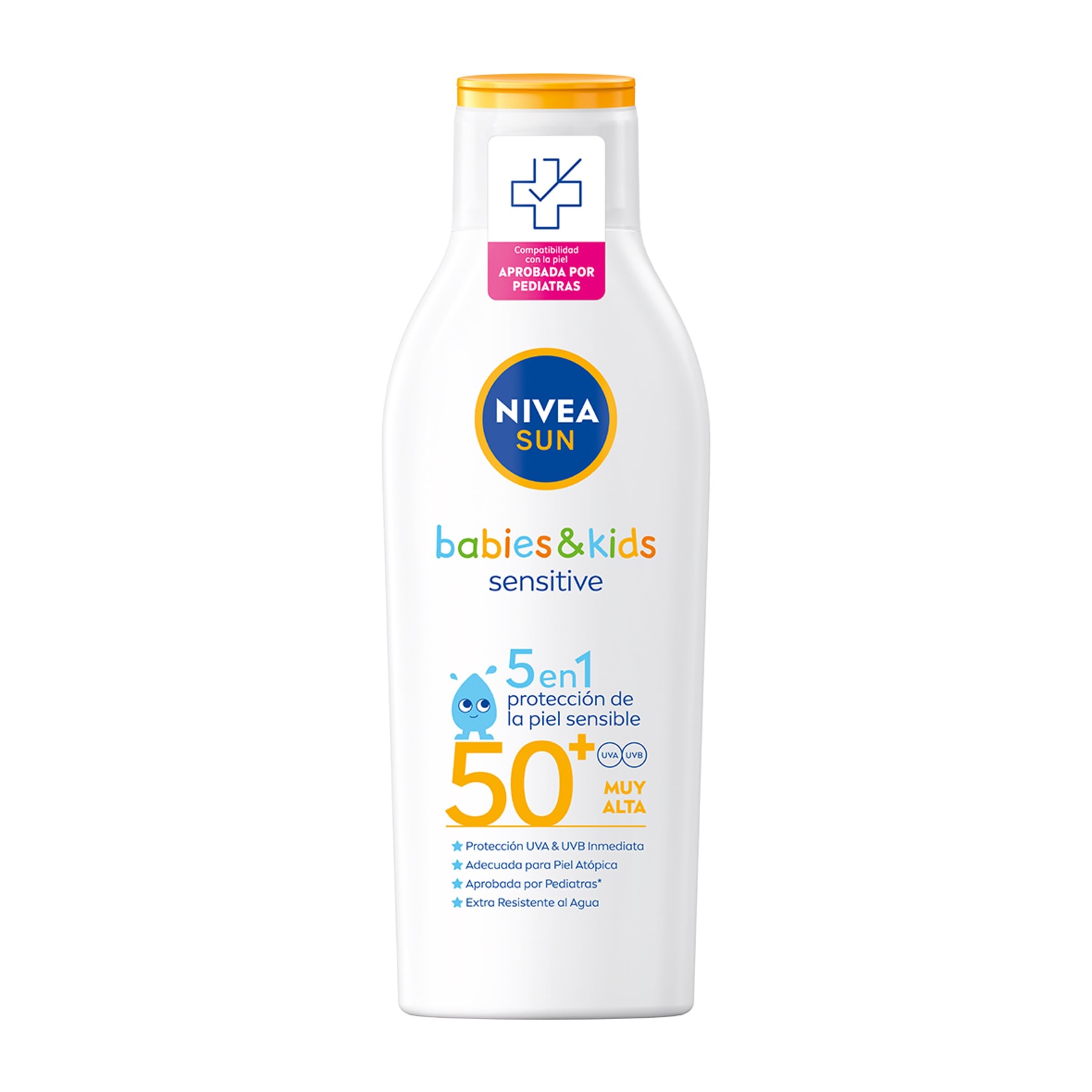 NIVEA SUN Babies & Kids Sensitive Leche Solar para niños FP50+ (1 x 200 ml), protector solar infantil para piel sensible, crema solar para bebés resistente al agua