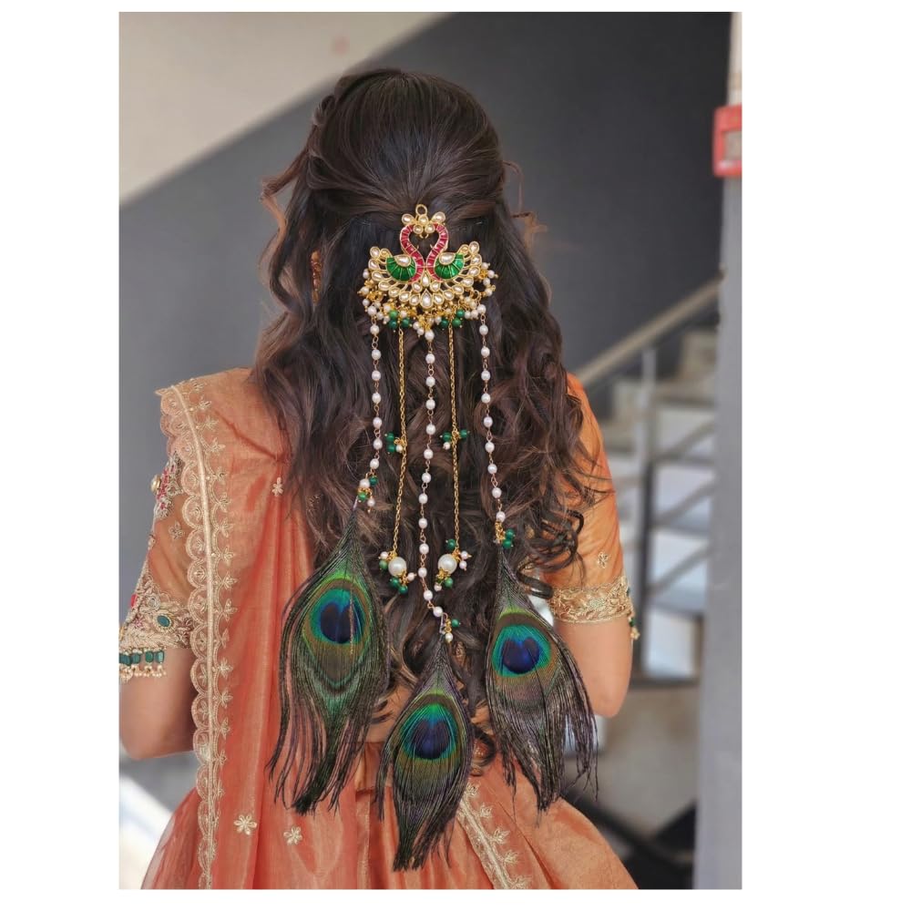 Ethnic Peacock Hair Pin with Pearl Waterfall & Real Mor Pankh | Perfect for Baby Shower (Godh Bharai), Weddings & Maternity Photoshoots | Traditional Indian Bridal Hair Jewelry-image-19