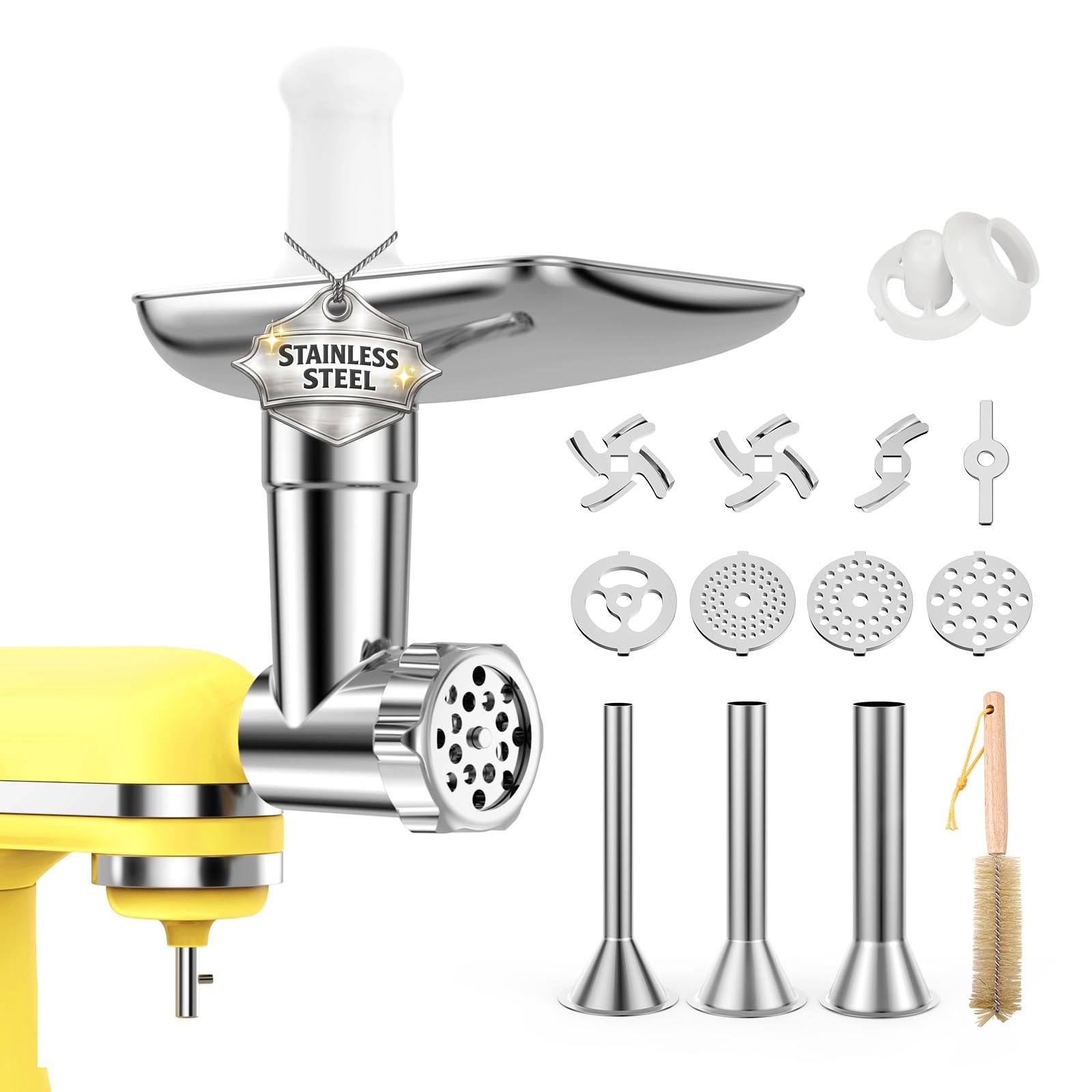 Hachoir à Viande en Acier Inoxydable pour KitchenAid – 4 Plaques de Broyage, 3 Tubes à Farcir pour Saucisses, 2 Lames de Broyage & 1 Moule à Boulettes de Viande – Lave-Vaisselle – Par MMOBIEL