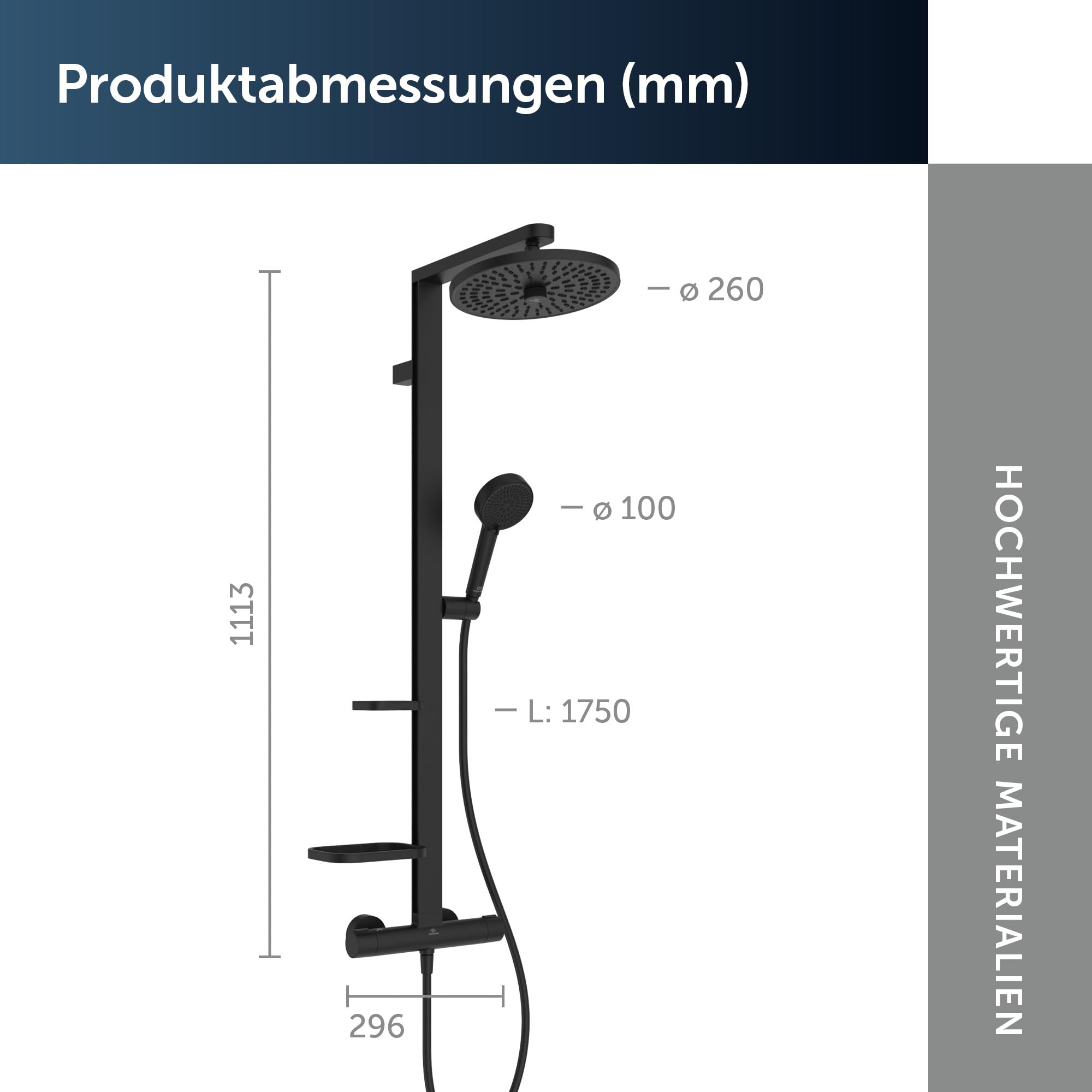 Ideal Standard Ceratherm Alu+ Duschsystem, Hergestellt aus 100% recyceltem Aluminium, Wassersparende Brause mit variablen Strahlarten und Verbrühschutz – Schwarz Matt (356x501x1113 mm)