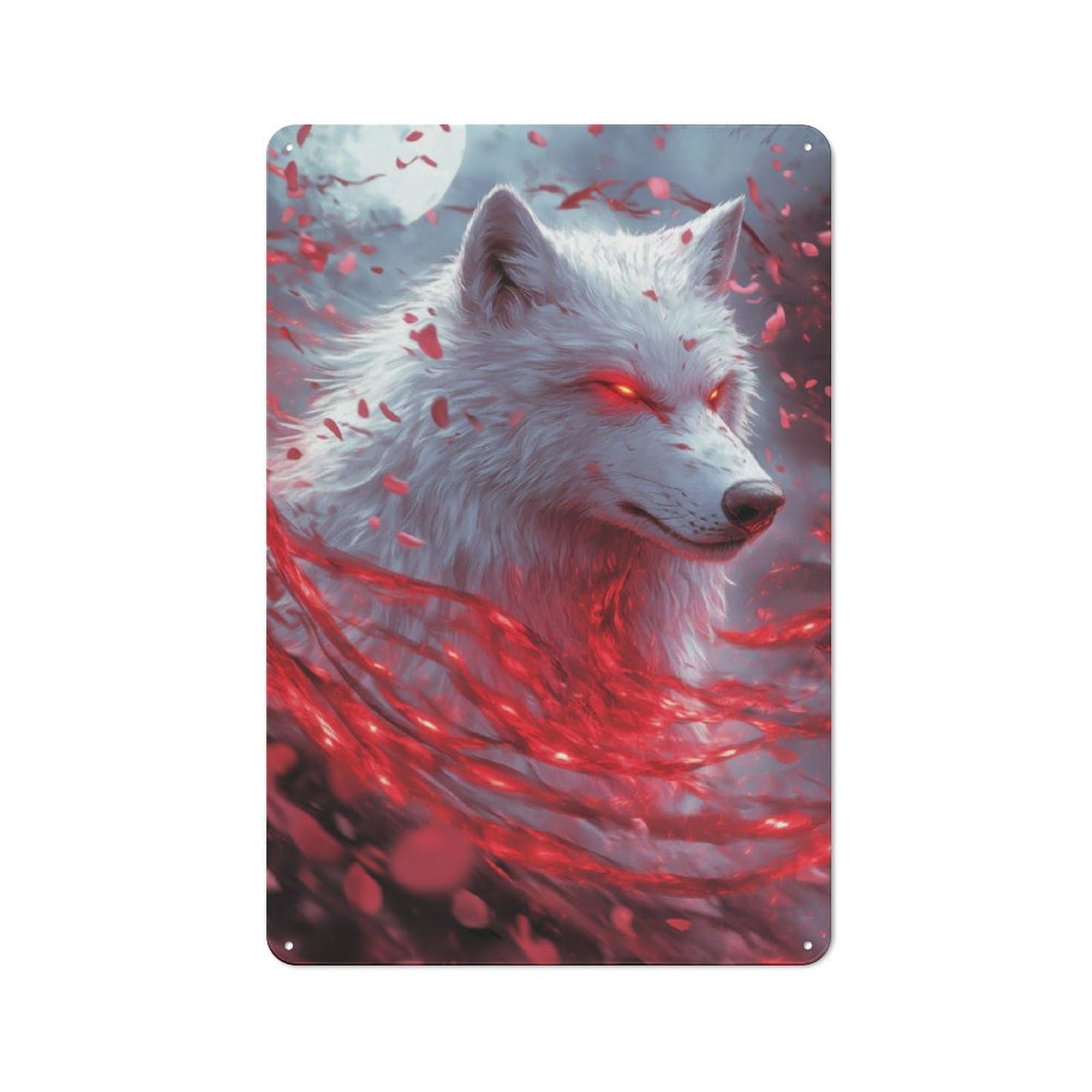 Junmoney White Wolf With Red Eyes Rustic Metal Sign 30X20cm For Living Room Wall, With Clear Rustic Wall Decor Character