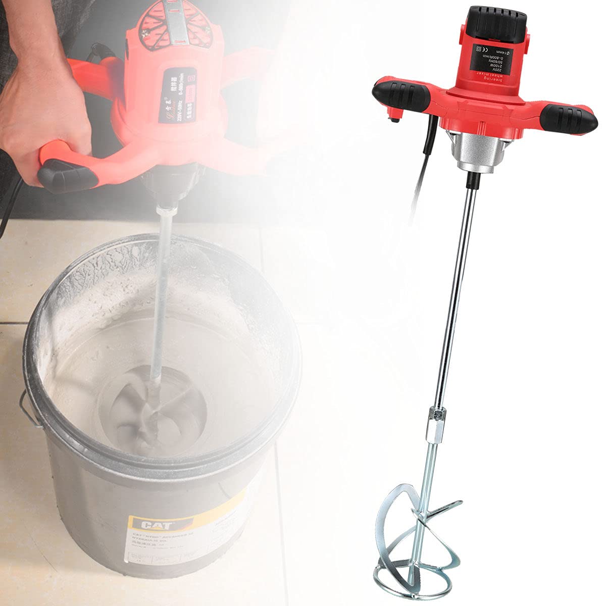 RCBDBSM 2100W Electric Handheld Cement Mixer, Portable Concrete Mixers Adjustable 6 Speed Electric Thinset Mortar Grout Plaster Paint Resin Stucco Plaster Mixer Stirring Tool (Red)