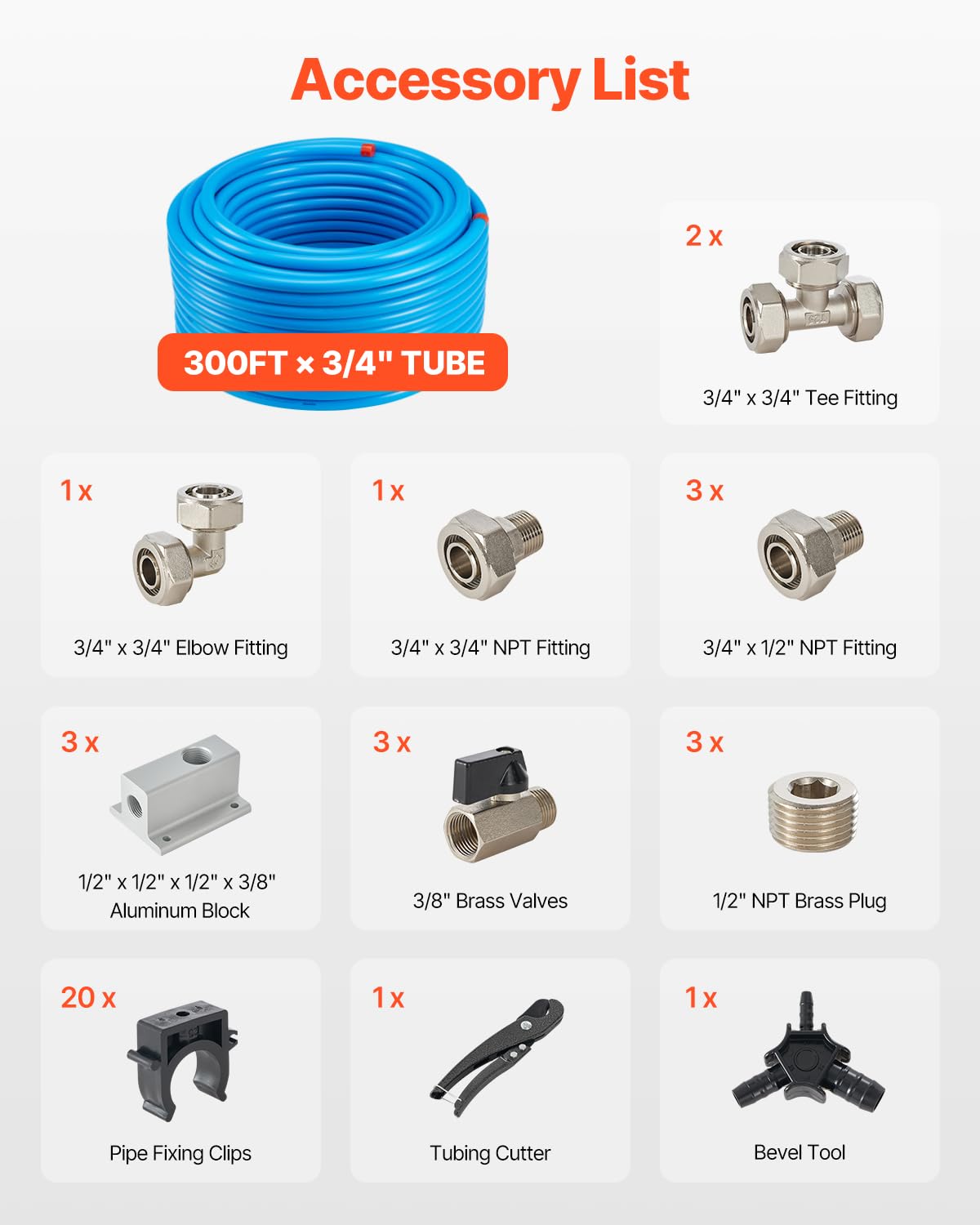 VEVOR Kit Conduite de Compresseur d'Air, 91,44 m x 19,05 mm, Système de Tuyauterie d'Air Comprimé en PEHD Aluminium, Étanche, Facile à Installer, Kit Tubes d'Air Comprimé pour Garages, Ateliers, Bleu
