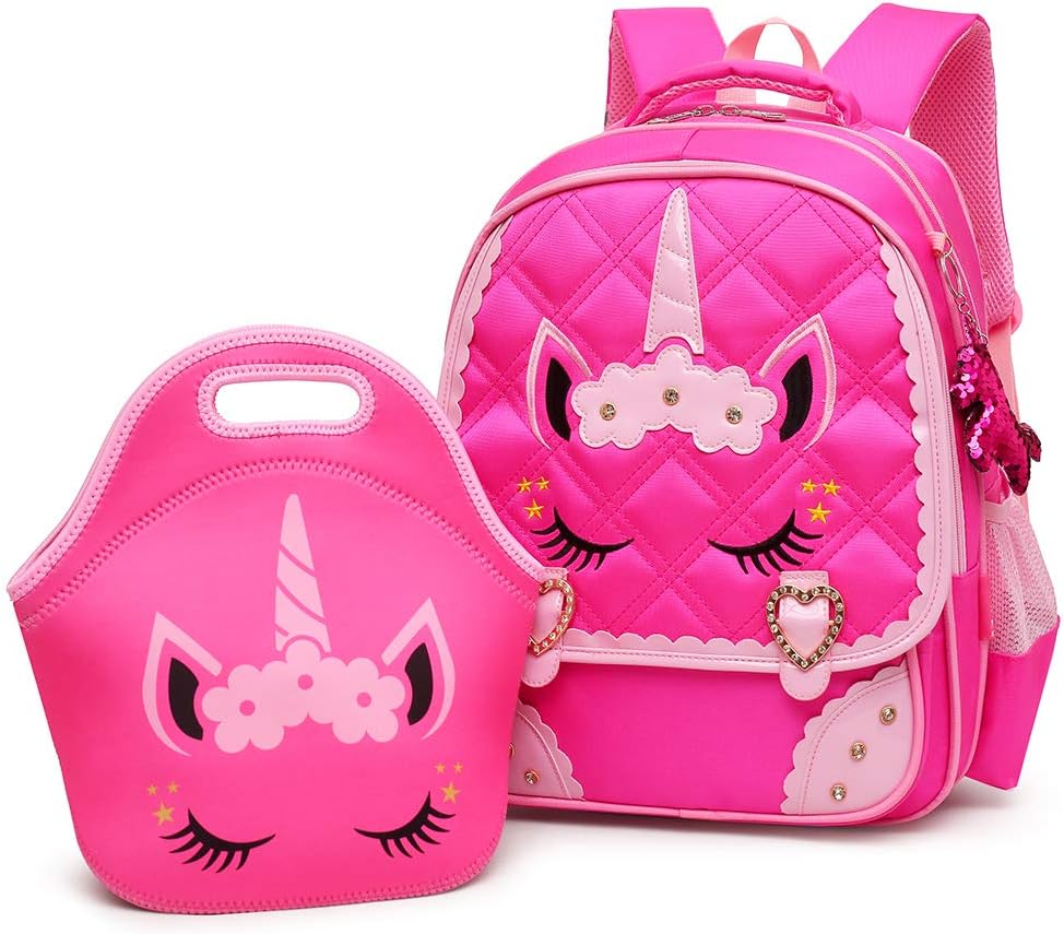 Cute Unicorn Face Diamond Sequins Waterproof Princess School Backpack Set Girls Book Bag