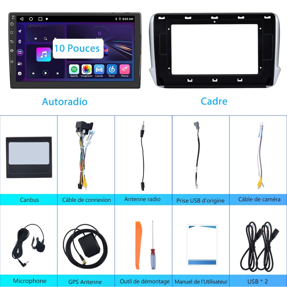 AWESAFE Autoradio Carplay pour Peugeot 208/2008 (2012-2018) | Écran Tactile 10 Pouces | CarPlay & Android Auto | GPS WiFi Bluetooth | FM RDS | SWC | Aide au Stationnement | 2Go+32Go
