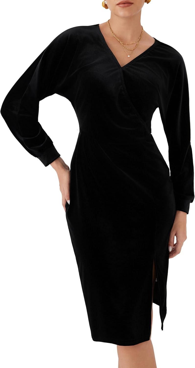 CIDER Velvet Midi Dress Long Sleeve Wrap V Neck Slit Party Dress - Image 4