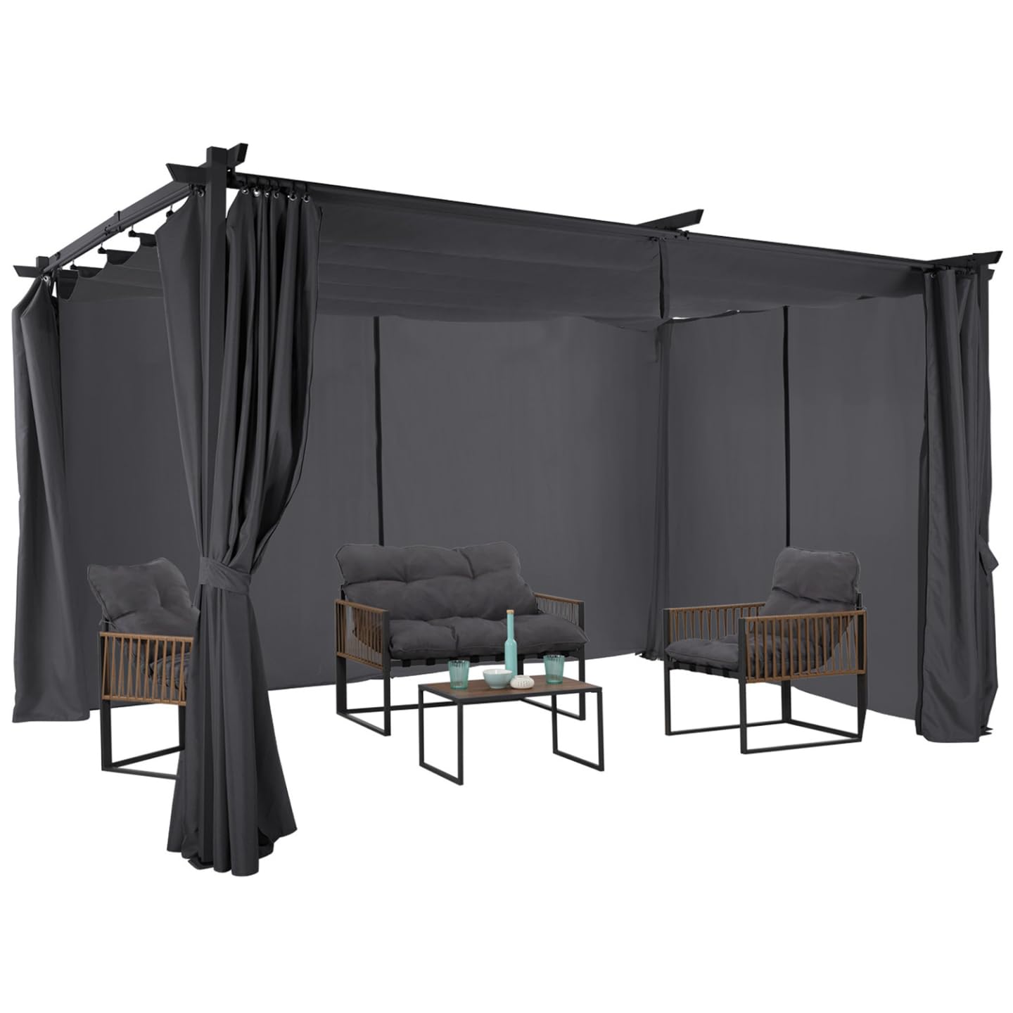 IDMarket - Pergola édition limitée Toit rétractable 3x4 M et 4 Rideaux Gris Anthracite