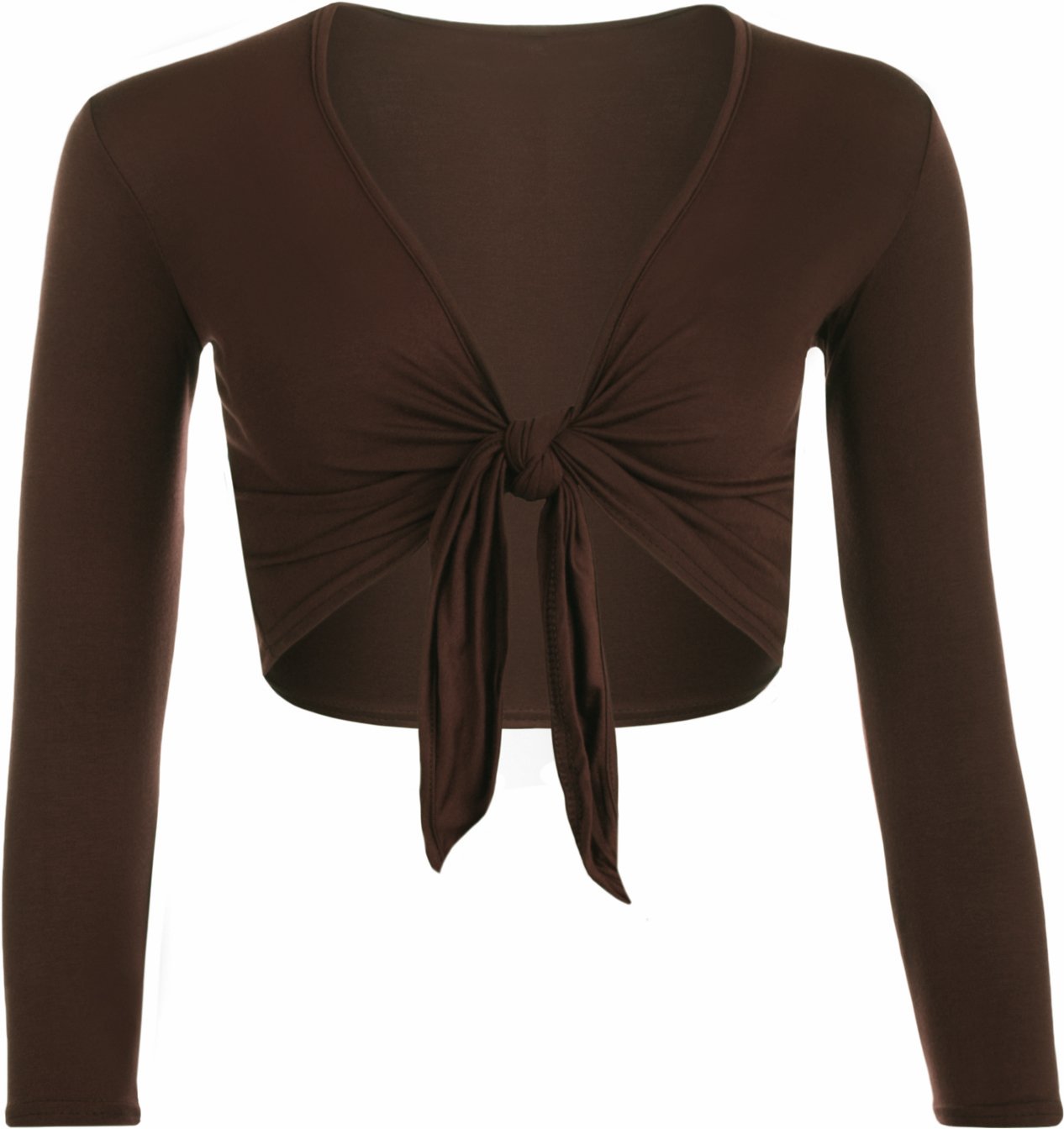 WearAll New Ladies Shrug Tie Up Long Sleeve Top Womens Dark Brown 8/10