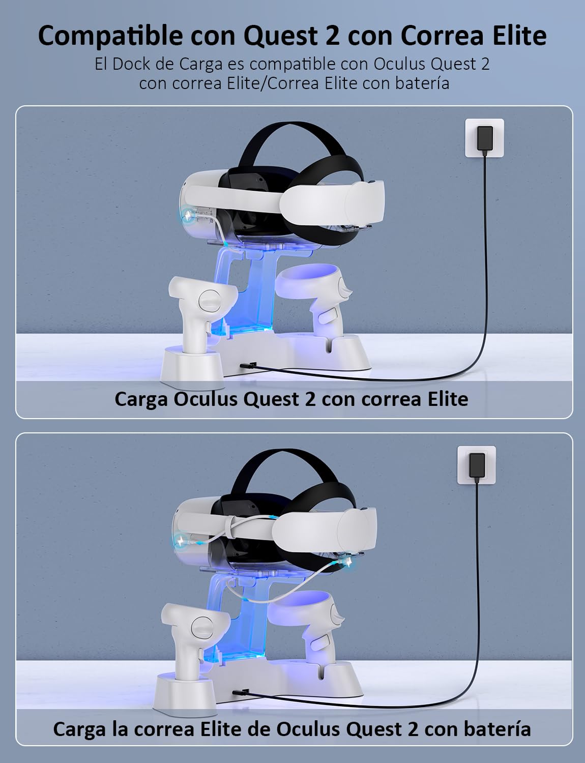 NexiGo Base de Carga Mejorada con Luz LED para Oculus Quest 2, [Soporte de Elite Strap con Batería], Expositor de Auriculares y Soporte de Controlador, 2 Baterías Recargables, Cable Magnético