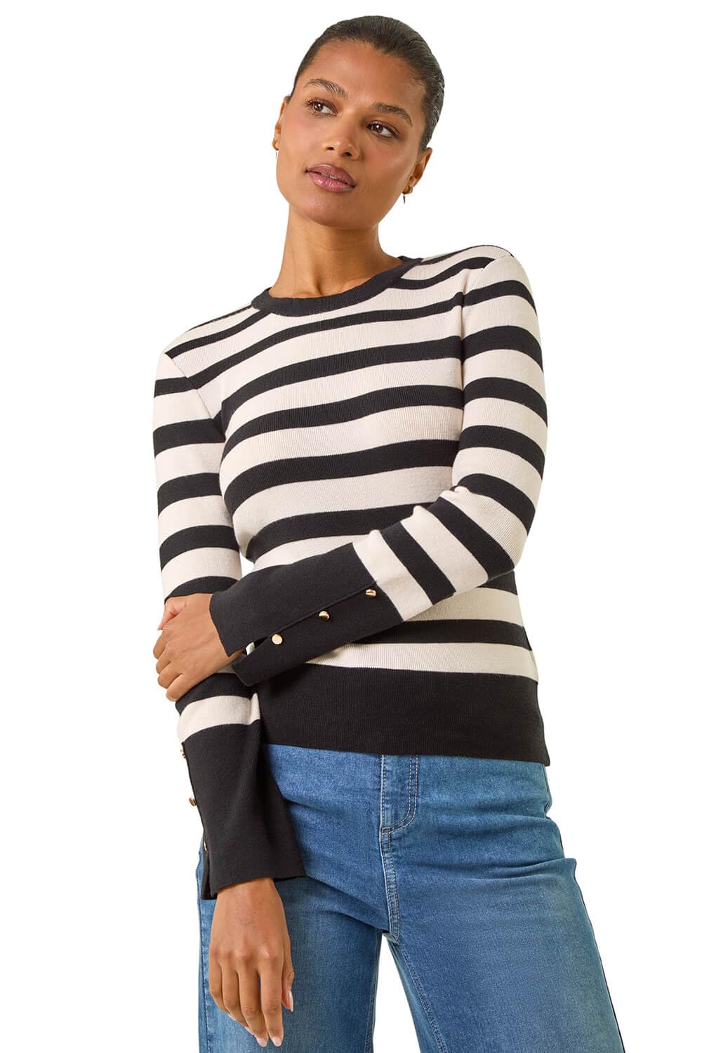 Roman Women's Ivory Stripe Button Detail Knit Jumper Size 18