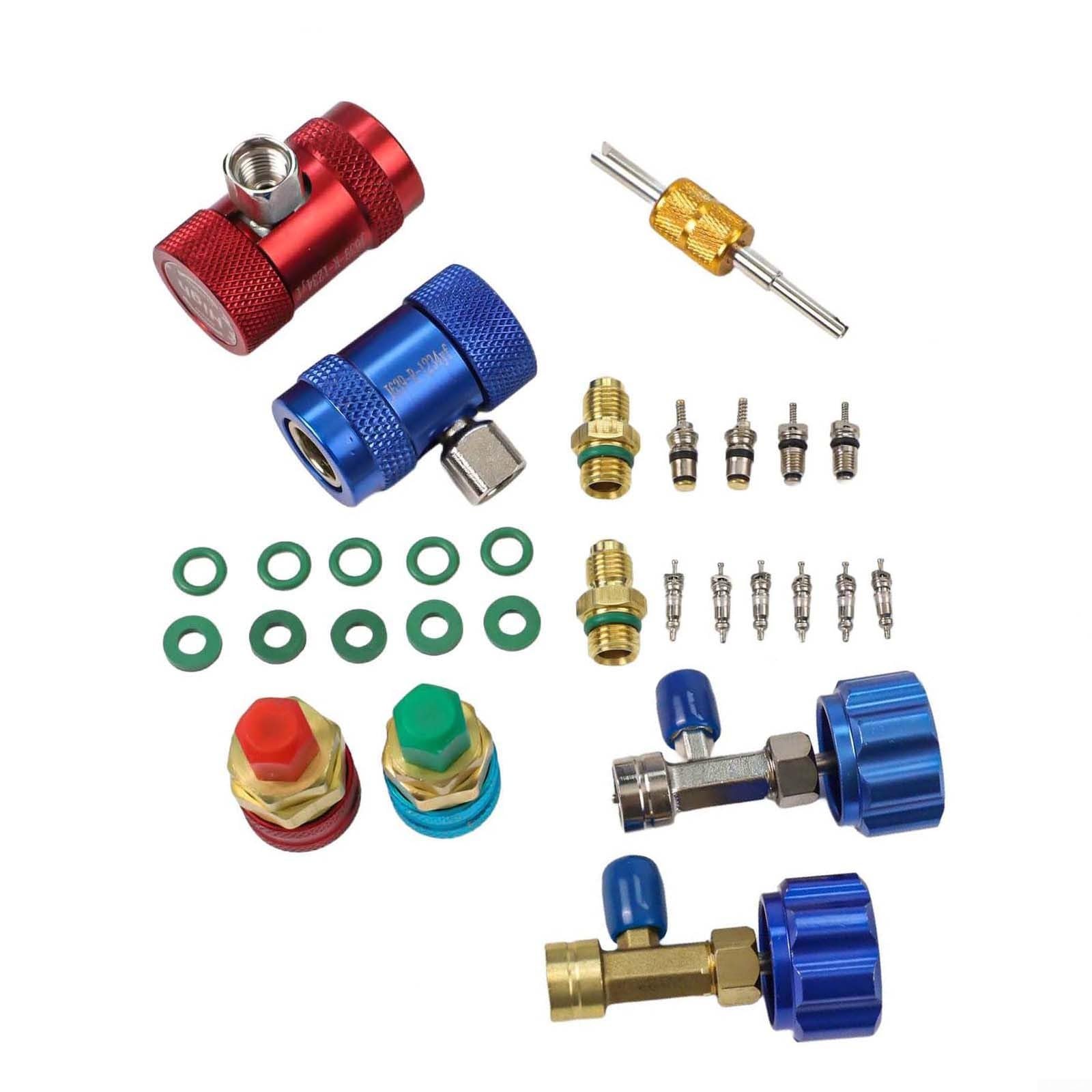 Kit 29 Raccordi AC Auto per r1234yf R134a Ottone Kit 29 Raccordi | 29 essenziali, ottone , alta/bassa pressione, compatibilità per multipla, perdite