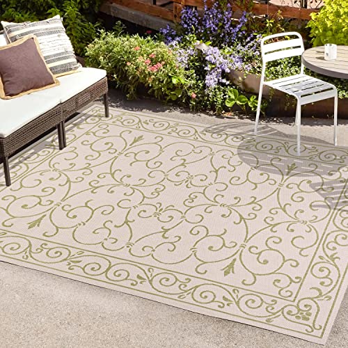 Image of JONATHAN Y Vintage Filigree Indoor Outdoor Area Rug 8X10 Cream /Green, Charleston Textured Weave for Backyard, Patio, Porch, Easy-Cleaning, High Traffic, Pet-Friendly, Non-Shedding (SMB106I-8)
