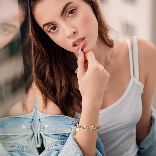 Miniatura 7 de CIUNOFOR Pulseras de cadena de eslabones chapados en oro de 14 quilates para mujer, pulsera apilable con cuentas de plata delicada de 8.0 pulgadas,