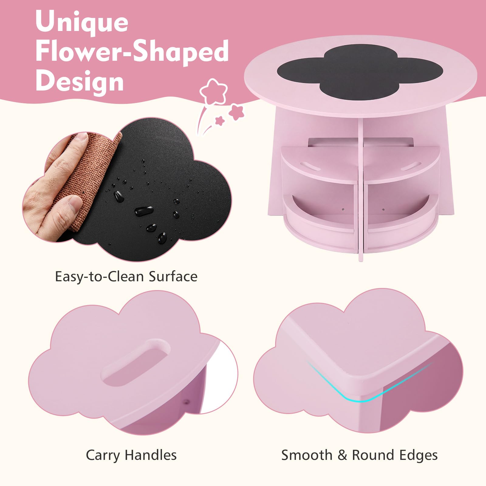 COSTWAY Okrągły zestaw mebli i krzeseł dla dzieci, 5-częściowy, drewniany do siedzenia z 4 stołkami do przechowywania i tablicą kredową