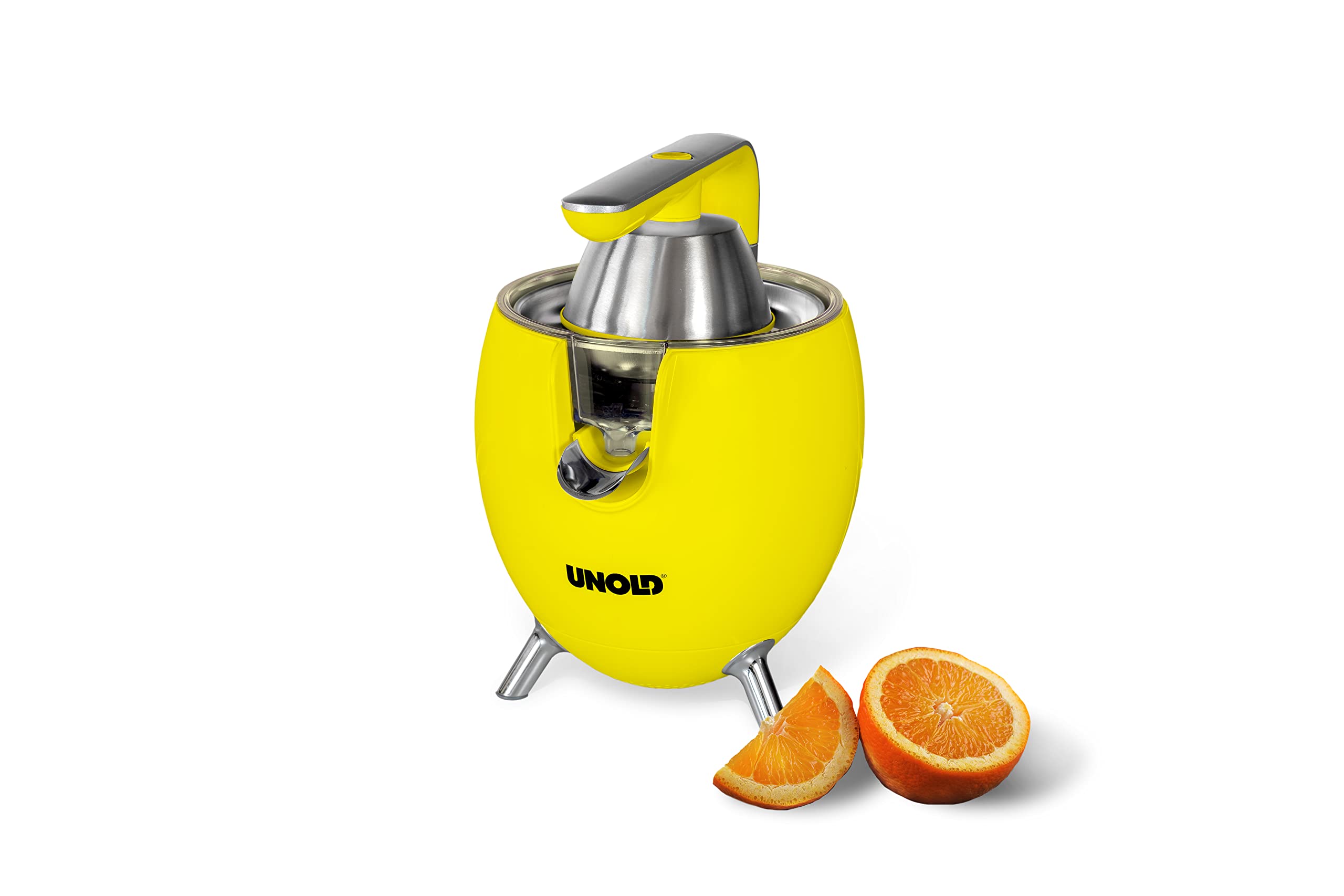 Unold 78132 Zitruspresse Power Juicy Yellow - für große und kleine Zitrusfrüchte, 1100W Motor für perfekte Saft-Ausbeute, Saftstopp-Auslauf, komplett zerlegbar, spülmaschinengeeignet, BPA-frei