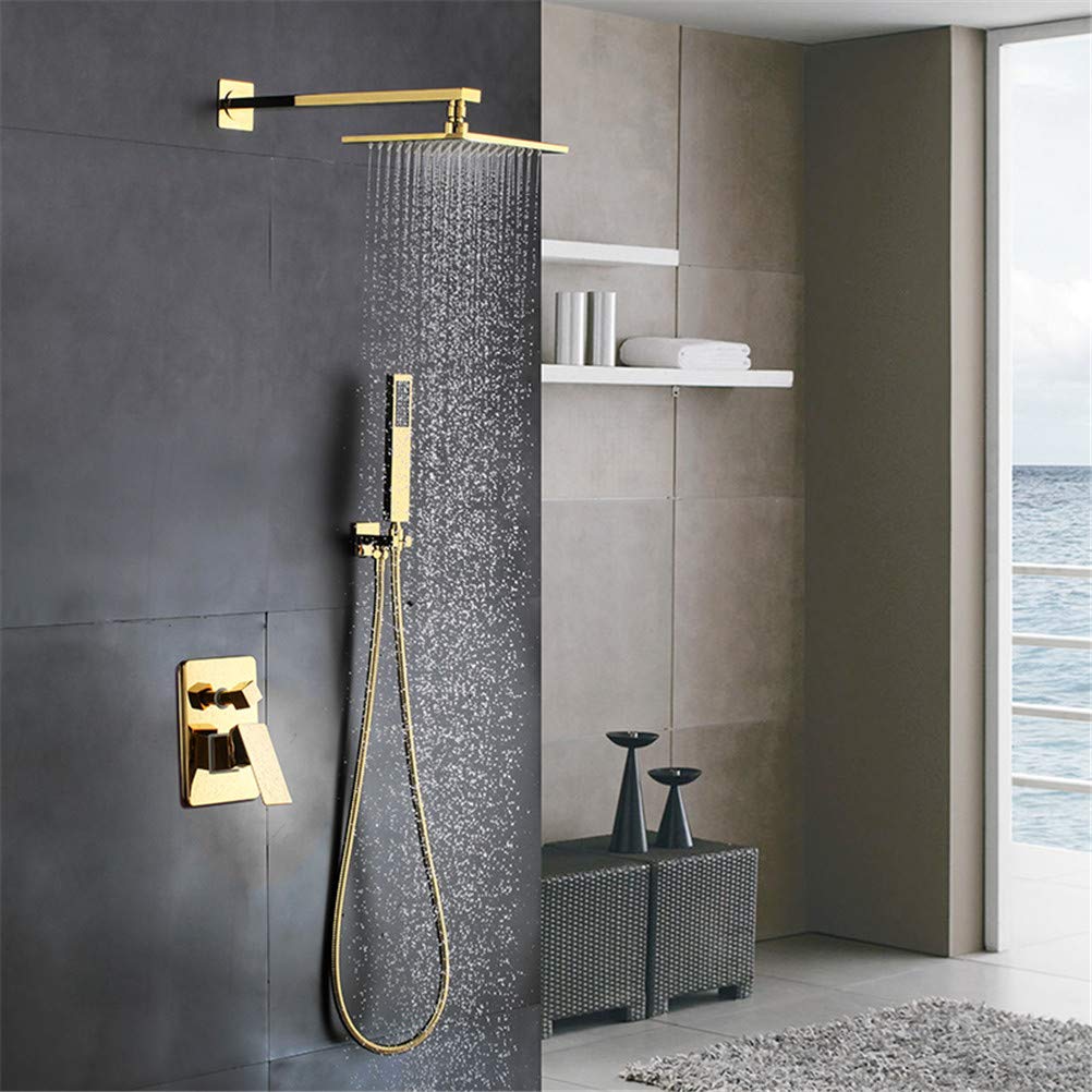 WYH Modern Style Brass Bathroom Shower System Rain Mixer Shower Combo Set Wall Mounted Rainfall Shower Head System Polished Gold Shower Faucet