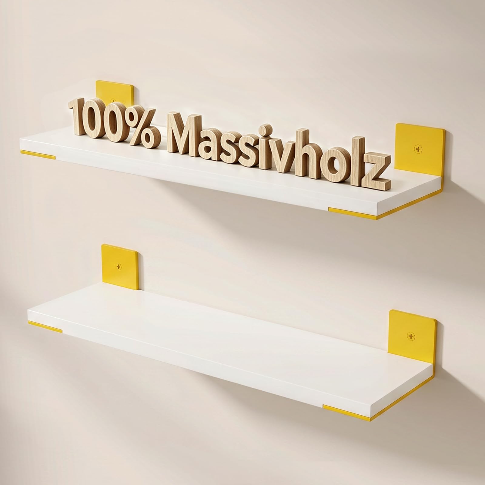 Aimato Wall Shelf, 60 cm, Set of 2, Solid Wood Hanging Shelves with Steel Angle, 15 kg Load Capacity, Floating Shelf for Living Room, Bedroom, Office (Yellow & White)