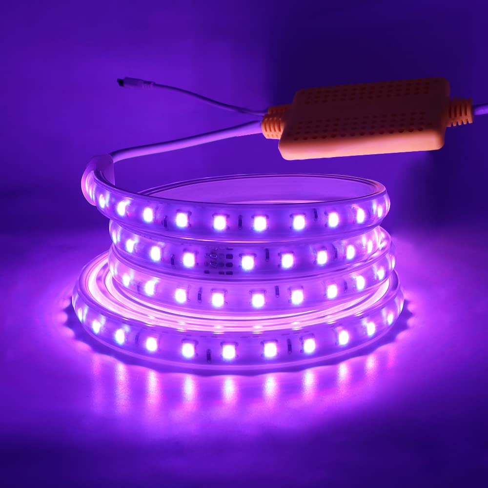 RGB LED Streifen, 15M 220V SMD5050 60LEDs/m Flexibel Bunt Streifen, Außenbereich Multi-Farbwechsel LED Lichtband mit 24 Tasten Fernbedienung & 1000W Wasserdichte Regler für Wohnzimmer, Balkon