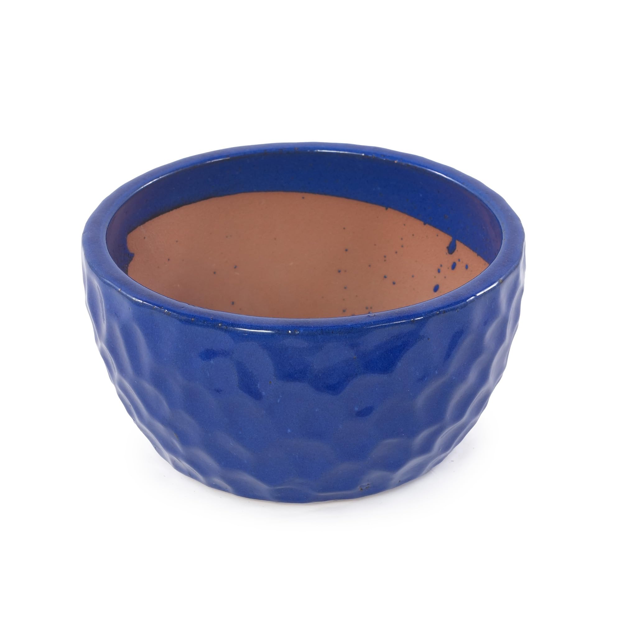 3-teiliges Keramik Pflanzentopf with Ablaufloch, 24.50/ 30,50/38 cm, Blau | Gehammerte Oberfläche, flacher Blumentopf
