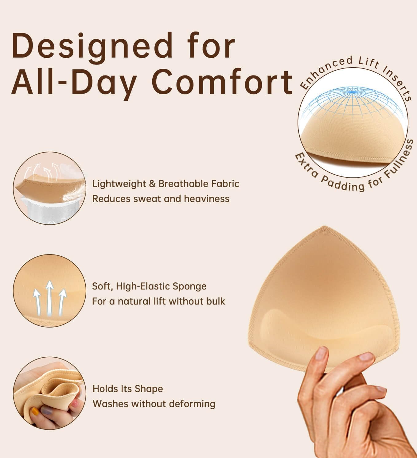 Adamotto Waterproof Bra Pads Inserts 4 Pairs - Push Up & Breast Enhancers, Removable for Swimsuits & Sports Bras