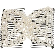 1 PCS Magic Hair Combs Beaded Stretch Double Side Combs Adjustable Elastic Hair Clips Bun Maker for Women Hairstyling Ponytail Holder White