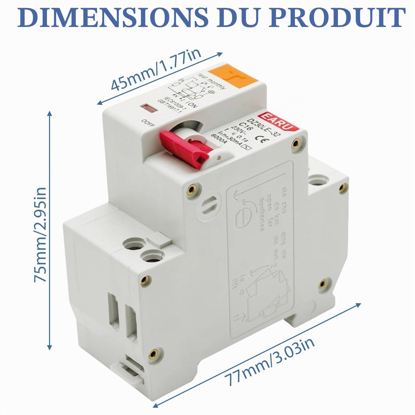 Disjoncteur Fi 16 A, AC 230 V 30 mA Disjoncteur différentiel, rail chapeau, protection contre les surcharges, disjoncteur différentiel, interrupteur FI/LS