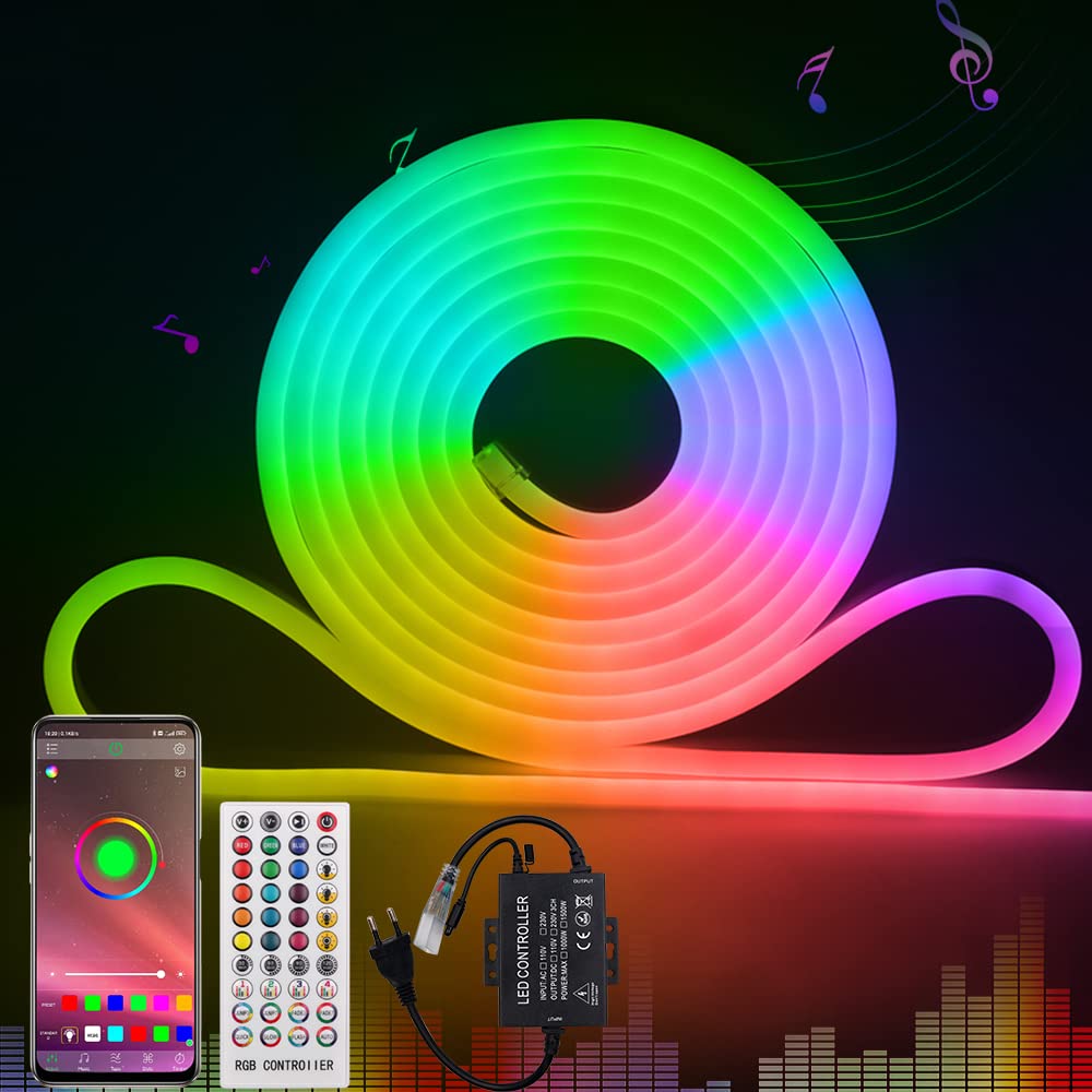 KISUFU 220V LED Strip RGB mit IC Neon, 10m LED Streifen mit App-Steuerung, DIY-Farbwechsel Lichtband, Musik Sync,Neon Lichtband für Wohnzimmer, Schlafzimmer, Christmas Wand Deko