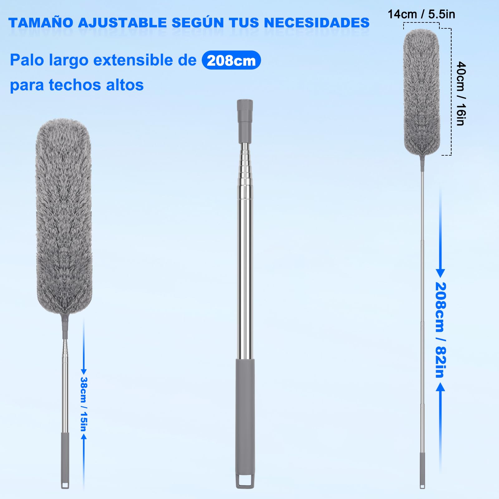 Apasiri Plumero de Plumas con Poste Telescópico Largo y 2 Cabezales de Microfibra Lavables, Herramienta de Limpieza Extensible para el Hogar, Techo y Zonas de Difícil Acceso, Sin Arañazos, Fácil de — view 8