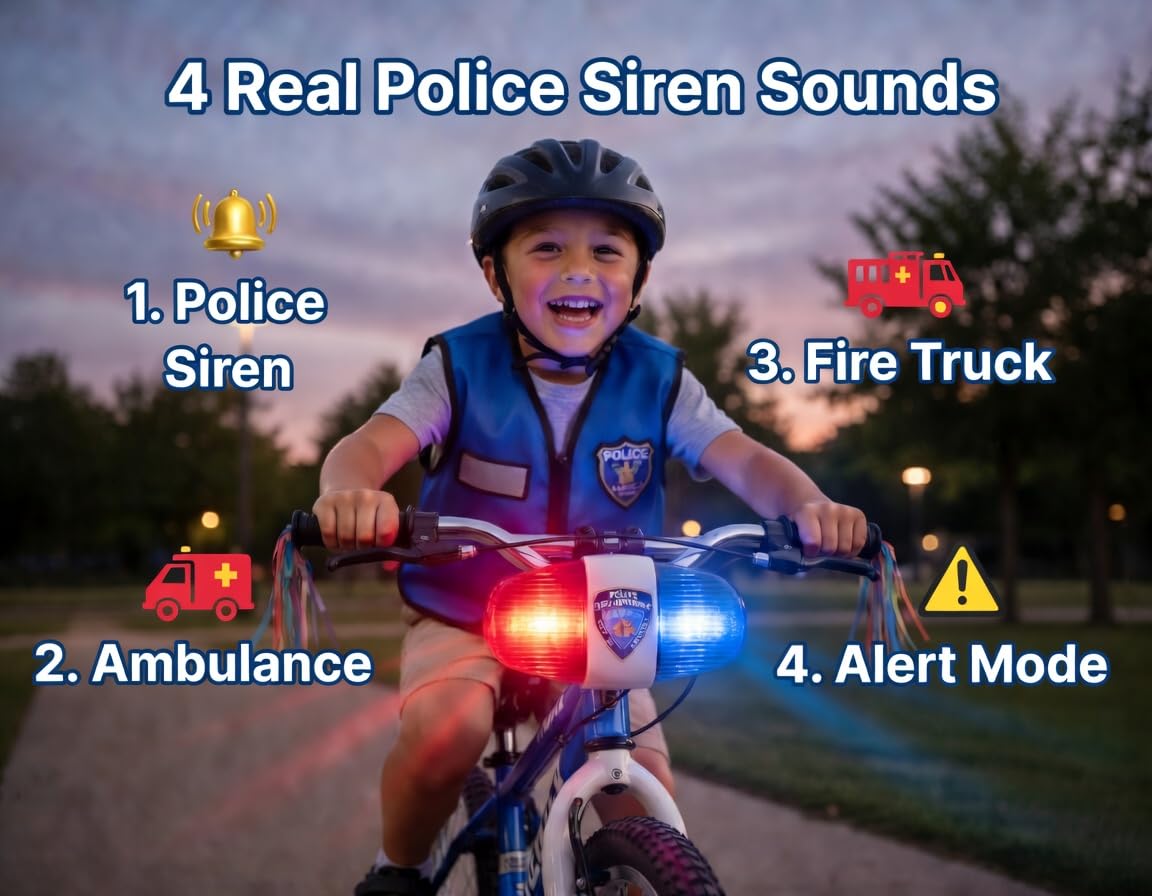 Kids Bike Tech światło LED - Police Dźwięk Światło Elektroniczny Horn - Bicycle Syrena, 5 LED 4 Dźwięki trąbki światło