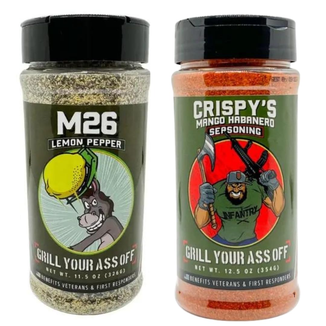 Grill Your As* Off M26 Lemon Pepper & Crispy Mango Habanero Seasoning Bundle – Zesty Lemon Pepper Seasoning + Sweet & Spicy Mango Habanero Rub for Chicken, Seafood, Pork, Veggies
